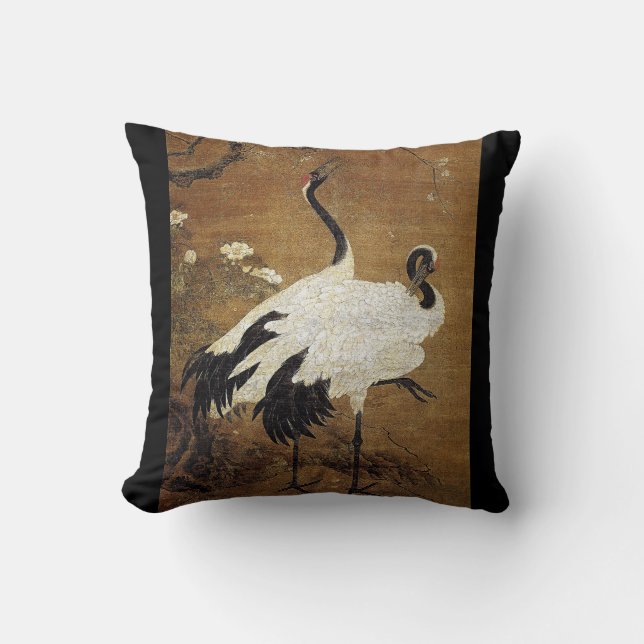 Chinese Scroll Art Crane Birds Flowers Pillow (Front)