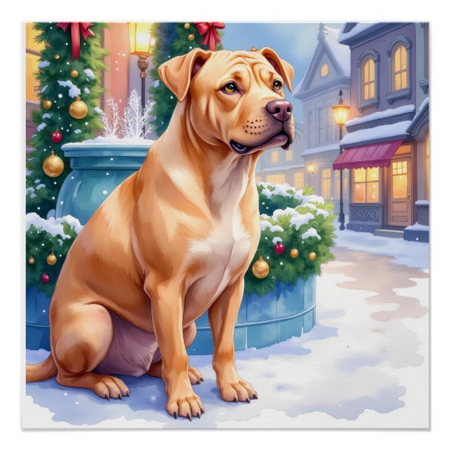 Chinese Shar-Pei Snowy Town Fountain Christmas Art Poster (Front)