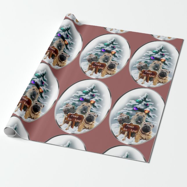 Chinese Shar-pei Trio Christmas Wrapping Paper (Unrolled)