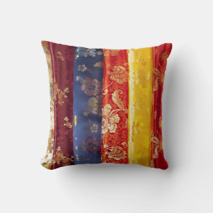 Chinese silk patchwork pattern golden red blue throw pillow