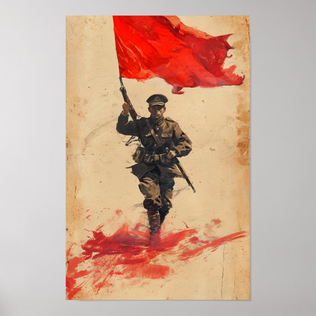 Chinese Soldier Red Flag Marching Poster (Front)