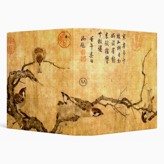 Chinese Song Dynasty Wintry Sparrows Monogram 3 Ring Binder (Background)
