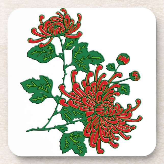 Chinese spider chrysanthemums  - deep red beverage coaster (Front)