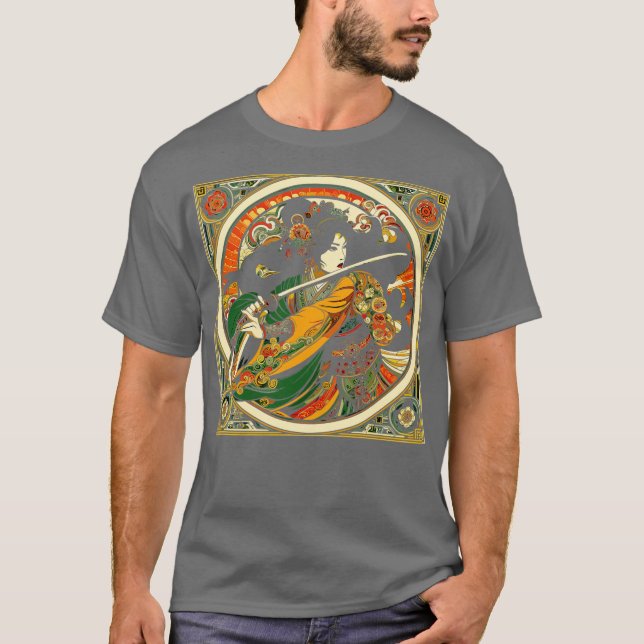 Chinese Swordswoman in a Mucha Art Nouveau Style T-Shirt (Front)