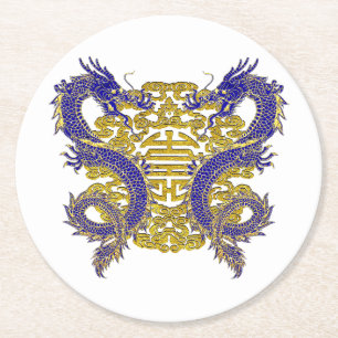 Chinese Symbol for Longevity and Dragons Round Paper Coaster