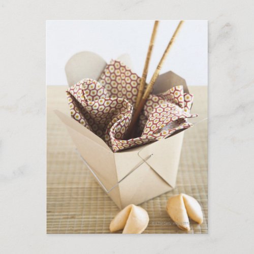 Chinese takeout container and fortune cookies postcard