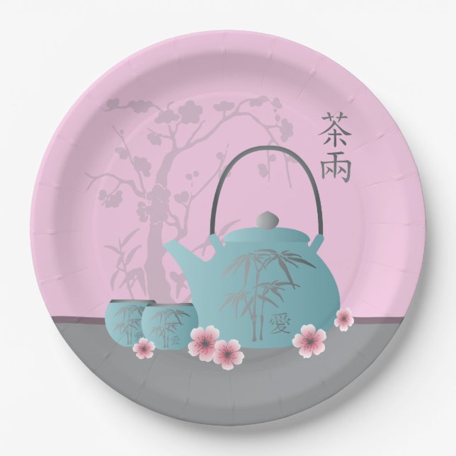 Chinese "Tea for two" and "Love" on tea cup Paper Plates (Front)