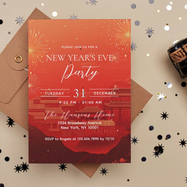 Chinese Theme Red New Year's Eve Party Invitation (Creator Uploaded)