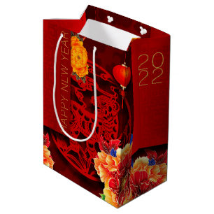 Chinese Tiger paper-cut Peonies New Year 2022 MGB3 Medium Gift Bag