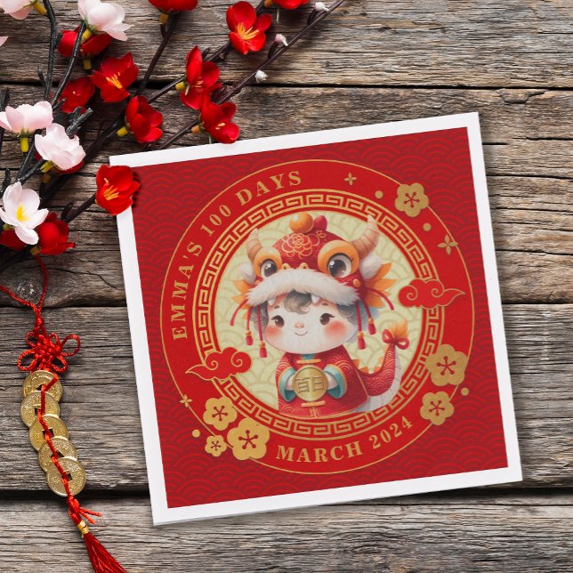 Chinese Traditional Baby 100 Days 百日 Invitation Napkins (Embrace Joyful Moments! Elevate your celebration with napkins showcasing vibrant 100 days motifs.)