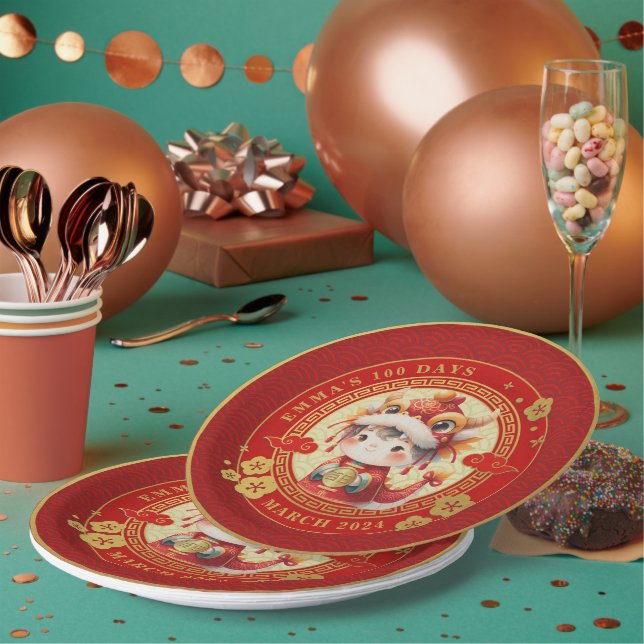 Chinese Traditional Baby 100 Days 百日 Paper Plates (Multi)