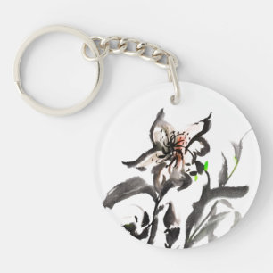 Chinese traditional ink painting flowers keychain