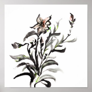 Chinese traditional ink painting flowers poster