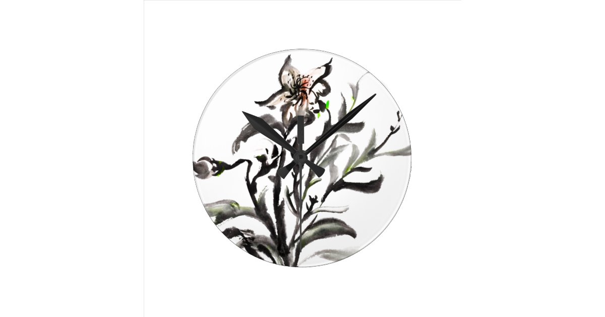 Chinese Traditional Ink Painting Flowers Round Clock Zazzle Com