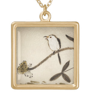 Chinese traditional ink painting with birds gold plated necklace