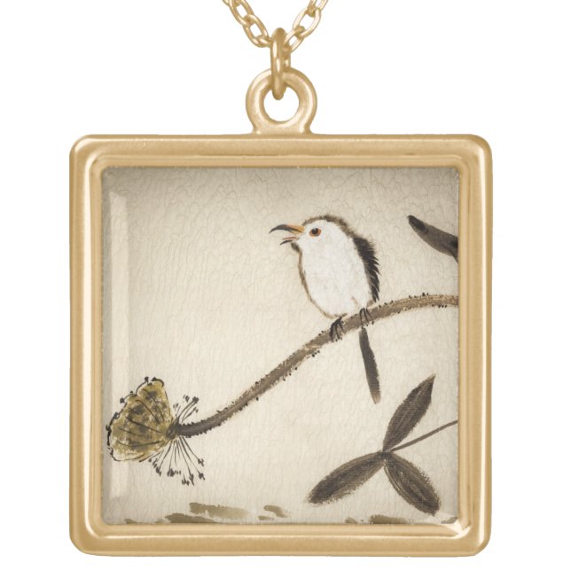 Chinese traditional ink painting with birds gold plated necklace (Front)