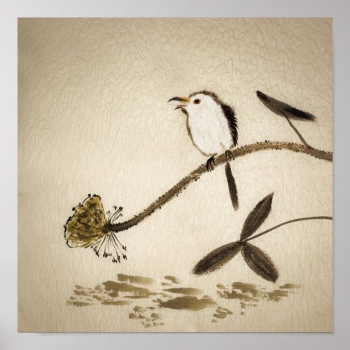 Chinese traditional ink painting with birds poster