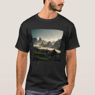 Chinese Village Landscape Relistic Octan Mountain T-Shirt