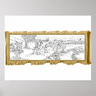 Chinese Village Pen and Ink Art with Antique Scrol Poster