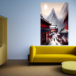 Chinese village the snowy mountain AI Art Poster