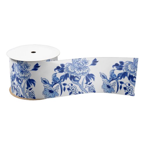 Chinese Vintage Peony Floral Blue and White Bridal Satin Ribbon