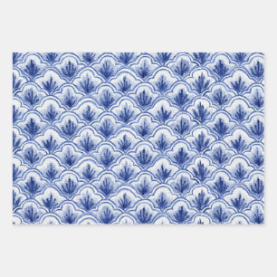 Chinese Vintage Shell Blue and White Pattern  Wrapping Paper Sheets