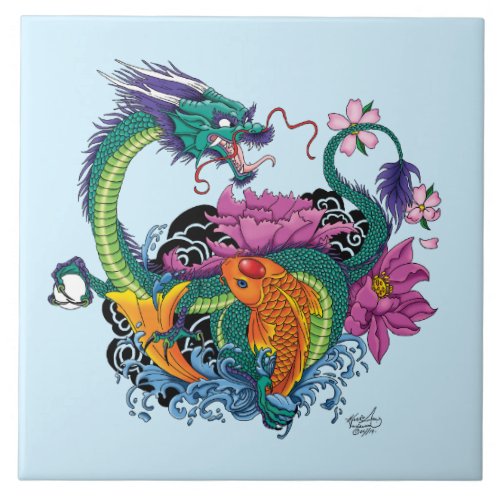 Chinese Water Dragon Koi Fish Ceramic Tile