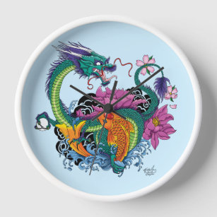 Chinese Water Dragon Koi Fish Clock