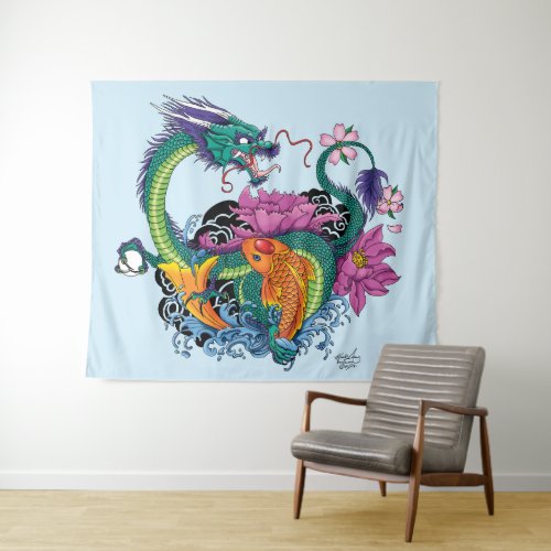 Chinese Water Dragon Koi fish Tapestry