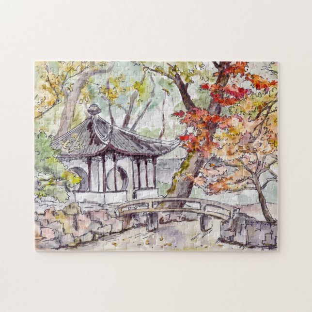 Chinese Watercolor Garden Jigsaw Puzzle (Horizontal)