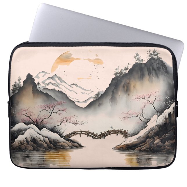 Chinese Watercolor winter river and mountiains Laptop Sleeve (Front)