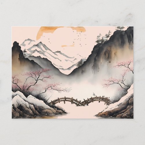 Chinese Watercolor winter river and mountiains Postcard