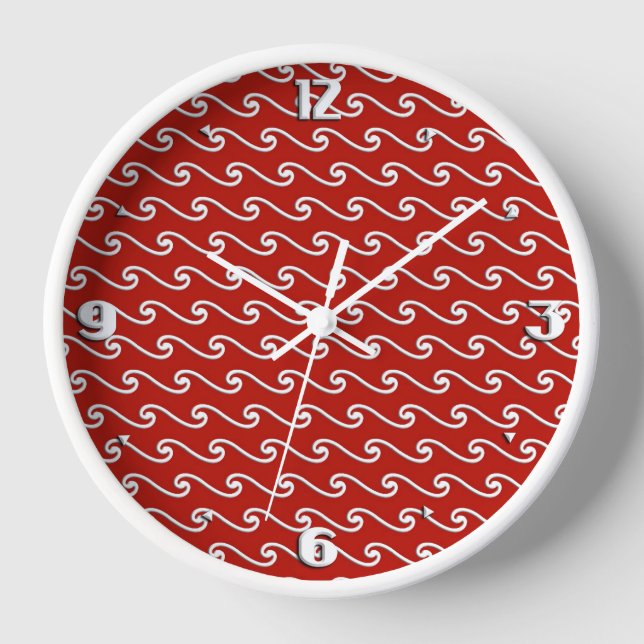 Chinese wave pattern - white on deep red clock (Front)