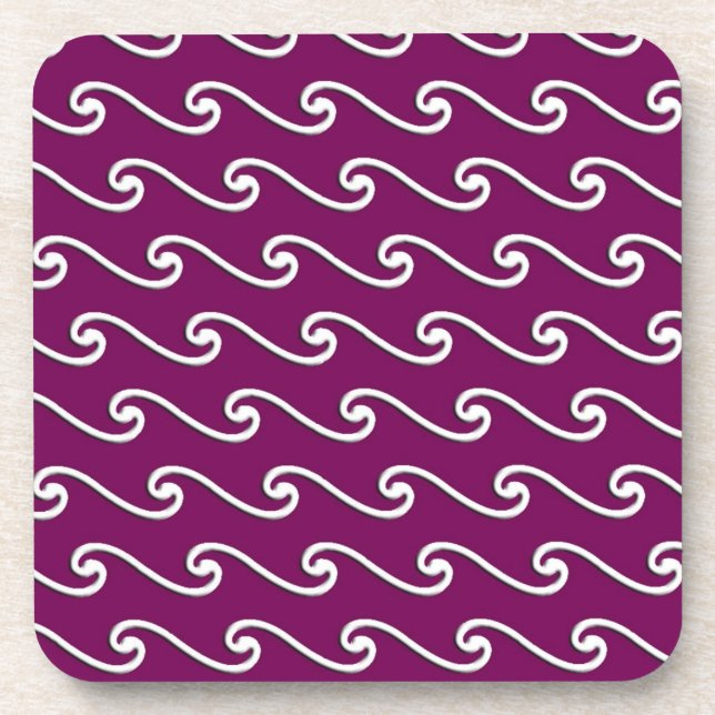 Chinese wave pattern - white on eggplant purple drink coaster (Front)