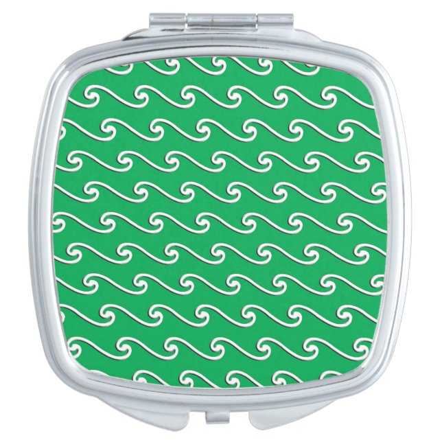 Chinese wave pattern - white on jade green makeup mirror (Front)