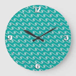 Chinese wave pattern - white on peacock blue large clock