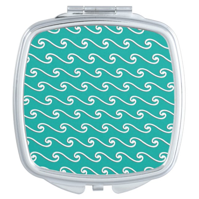 Chinese wave pattern - white on peacock blue makeup mirror (Front)