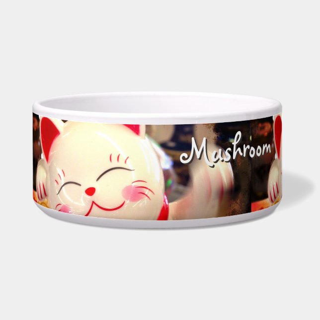 Chinese Waving Cat Photo Custom Name Fun Cute Pet Bowl (Left)