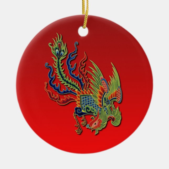 Chinese Wealthy Peacock Tattoo Design on Red Ceramic Ornament (Front)