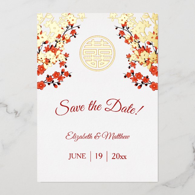 Chinese Wedding Double Happiness Cherry Blossom Foil Invitation (Front)