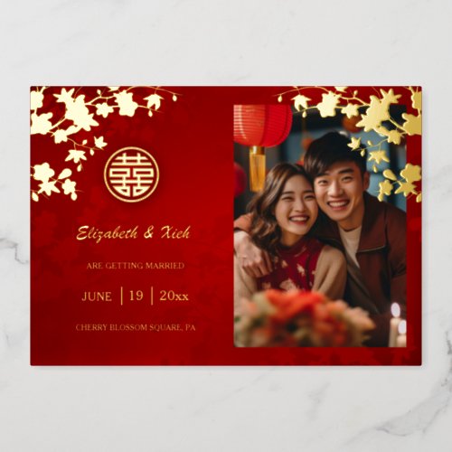 Chinese Wedding Double Happiness Cherry Blossom  Foil Invitation