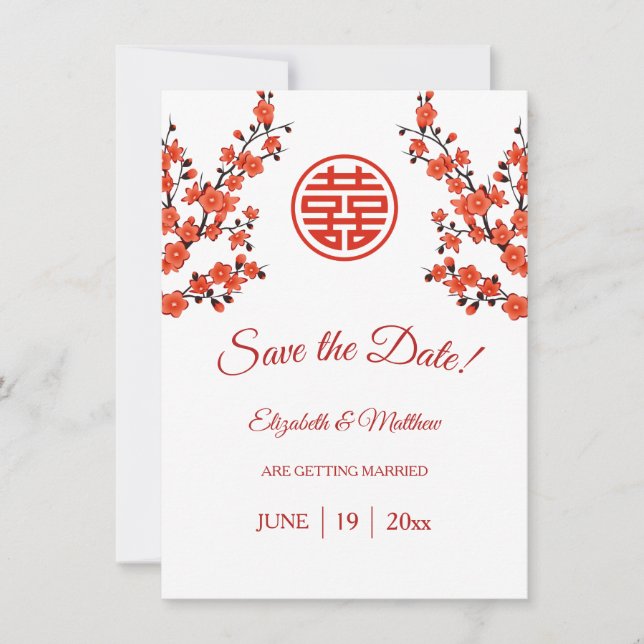 Chinese Wedding Double Happiness Cherry Blossom Save The Date (Front)