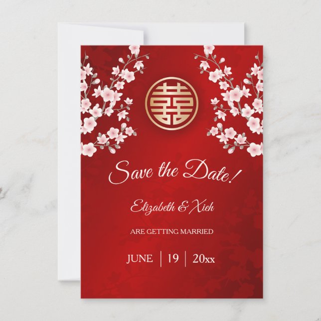 Chinese Wedding Double Happiness Cherry Blossom  Save The Date (Front)