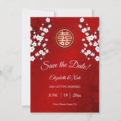 Chinese Wedding Double Happiness Cherry Blossom  Save The Date