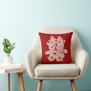 Chinese Wedding Double Happiness Floral Paper Cut Throw Pillow