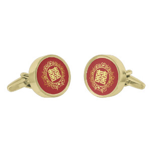 Chinese wedding double happiness floral red gold cufflinks