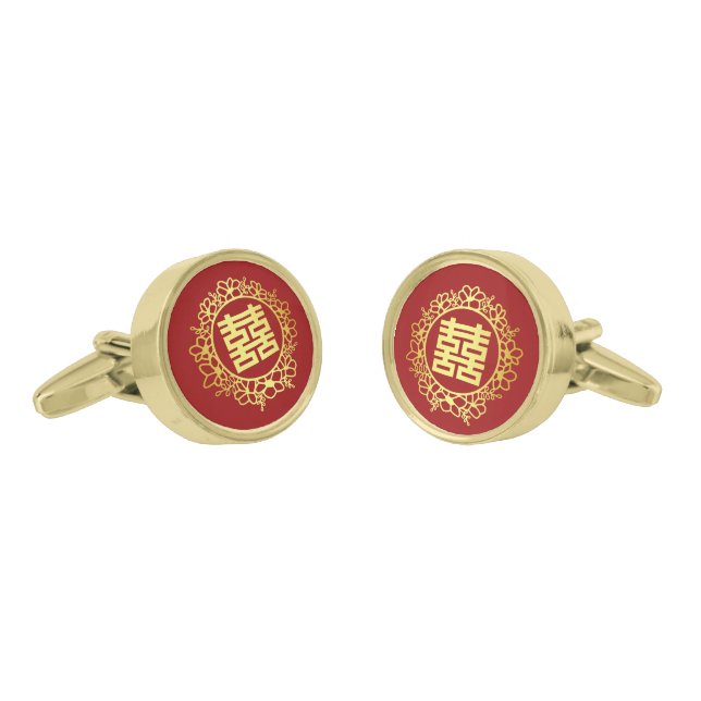 Chinese wedding double happiness floral red gold cufflinks (Angled)