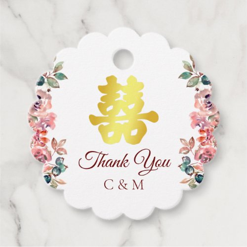 Chinese wedding double happiness floral thank you favor tags