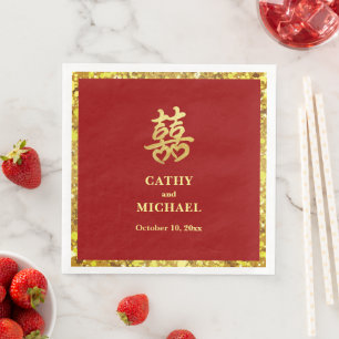 Chinese wedding double happiness heart formal red paper dinner napkins