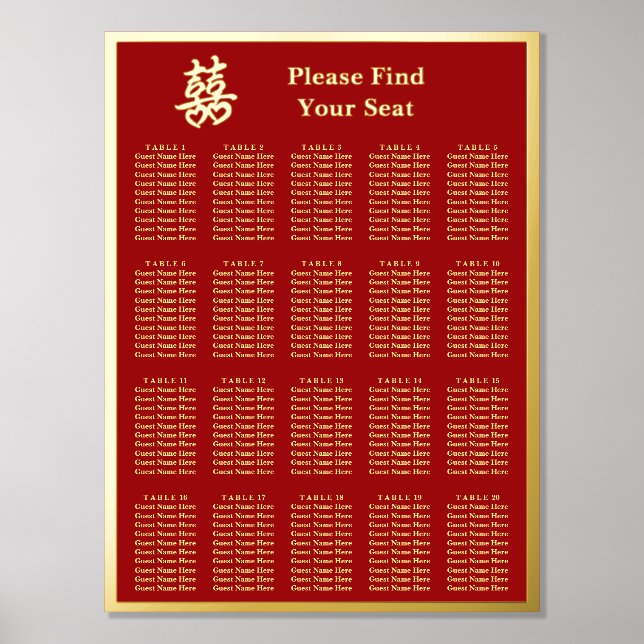 Chinese wedding double happiness heart seating foil prints (Front)